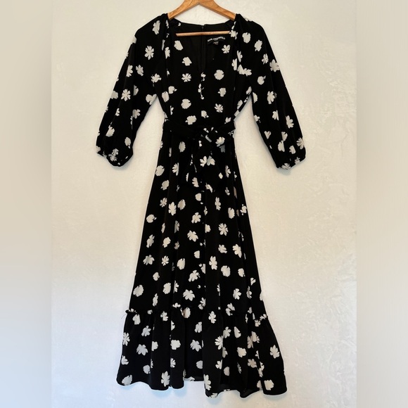 KARL LAGERFELD PARIS womens black white Floral-Print Crepe Dress midi size 6 - Picture 1 of 12